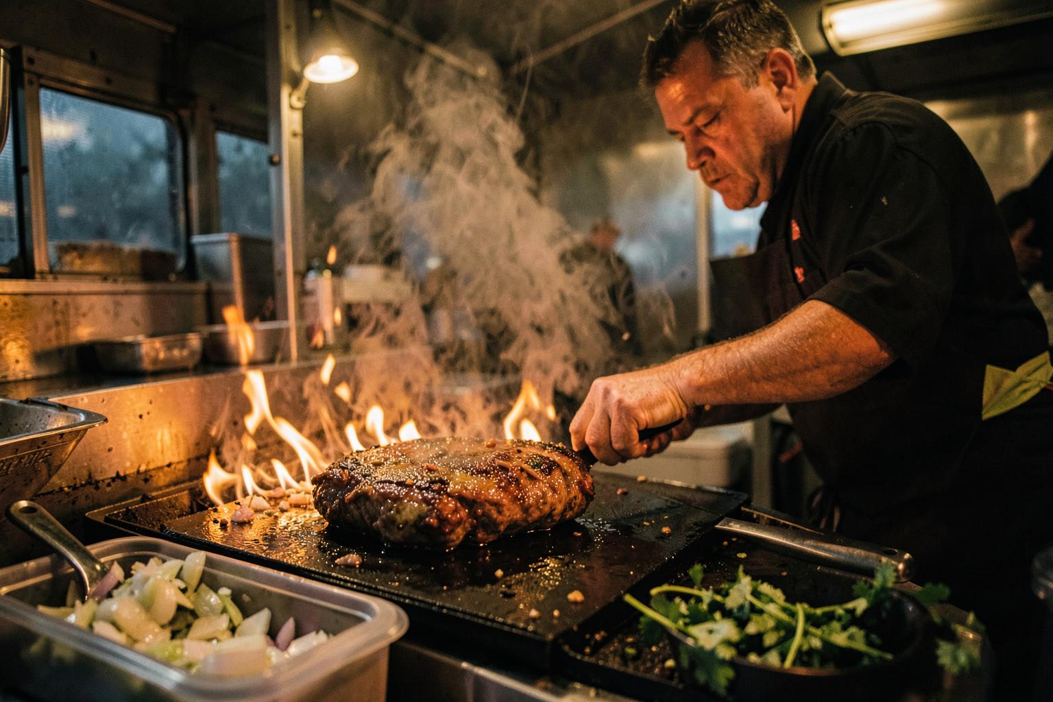Chef grilling marinated meat inside the food truck